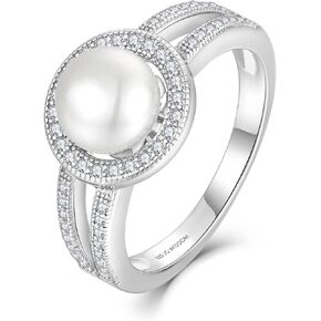 JO WISDOM Pearl Ring,925 Sterling Silver Women's Rings Cubic Zirconia with 8mm White Freshwater Cultured Pearl Ring size 5-10