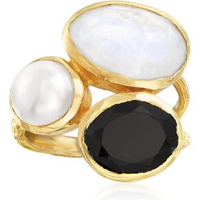 Ross-Simons 8mm Cultured Pearl, Black Onyx and Moonstone Ring in 18kt Gold Over Sterling. Size 6