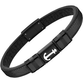555Jewelry Braided Stainless Steel & Black Leather Anchor Bracelet for Men & Boys