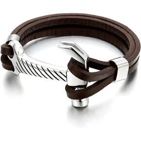 COOLSTEELANDBEYOND Stainless Steel Mens Hammer Bangle Bracelet Genuine Brown Leather Wristband