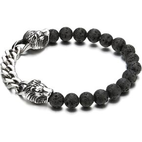 COOLSTEELANDBEYOND Mens Steel Curb Chain Lion Heads 8MM Black Volcanic Lava Rock Stone Beads Bracelet, Stretchable