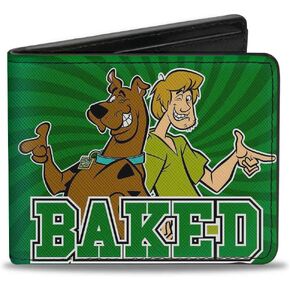 Buckle-Down Men's PU Bifold Wallet-Scooby & Shaggy Baked/Rays Swirl Greens, Multicolor, 4.0" x 3.5"