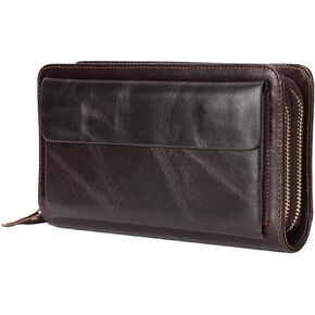 Brown Men's Long Leather Wallet, First Layer Cowhide Fashion Clutch Bag, Large Capacity Multi-function Card Bag, Double Zipper Business Bag. (Light brown)