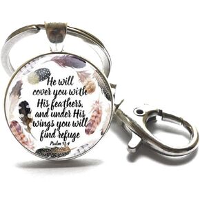 Scripture Key Ring Keychain"He Will Cover You with his Feathers, and Under his Wings You Will find Refuge. Psalm 91:4"， Psalm 91:4 Christian Jewelry Christian Keychain.XT130 (A)