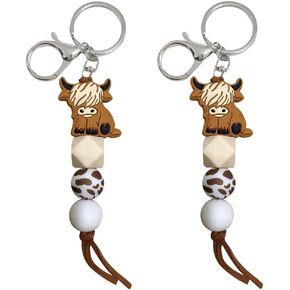 iMagitek 2 Pack Highland Cow Gifts Highland Cow Beaded Keychain for Backpack Car Keys Highland Cow Keyring Gift for Women Girls Men Boys Cow Lover Gifts (Brown)