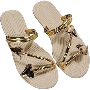 OYOANGLE Women's Heart Decor Outdoors Flat Sandals Open Toe Summer Solid Plain Slide Sandals