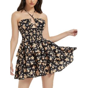 Mebius Womens Floral Mini Dress Preppy Smocked Waist Halter Criss Cross Tiered Hem Backless A Line Short Ruffle Dresses