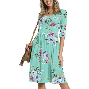 CATHY Women's 3/4 Sleeve 2024 Casual High Waist Round Neck Midi Dress with Pockets