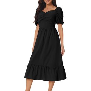 Women's Summer Dresses Casual Flowy Beach Sweetheart Neck Puff Short Sleeve Smocked Back Midi Dress with Pockets