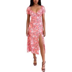 Relipop Summer Dresses for Women Deep V Neck Short Sleeve Ruched Bust Side Slit Womens Casual Midi Flowy Dress