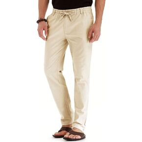 Mens Pants Casual Elastic Drawstring Waist Pants Straight Leg Lightweight Summer Beach Pants