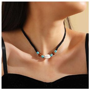 Bohemia Shell Choker Necklace Turquoise Beaded Choker Necklace Cowrie Shell Braided Clavicle Necklace Black Woven Rope Necklace Chain Jewelry for Women And girls