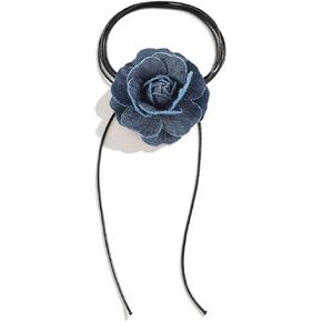 French Denim Flower Choker Necklace Black Leather Rope Long Wrap Tie Necklace Layered Bow-knot Collar Necklace Elegant Party Accessories for Women