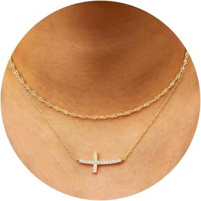 ORAZIO 14K Gold Plated Cross Necklace for Women Layered Necklace Set Cute CZ Cross Pendant Necklaces Dainty Sideways Cross Choker Necklaces Minimalist Twisted Chain Necklace Small Cross Layering Necklaces