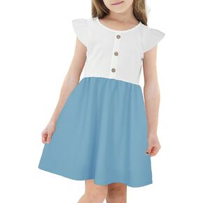 Girls' Summer Vintage Aline Flutter Sleeve Button Down Casual Party Dress 5-11Y