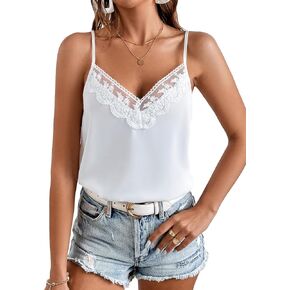 SweatyRocks Women's Sheer Lace V Neck Backless Tank Sleeveless Spaghetti Strap Tops
