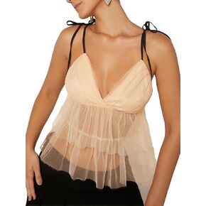 OYOANGLE Women's Sleeveless V Neck Tie Shoulder Cami Tank Top Mesh Layered Peplum Tops