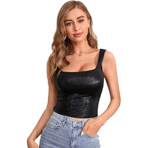 Verdusa Women's Faux Leather V Neck Cami Crop Top Sleeveless Spaghetti Strap Camisole