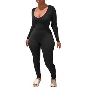 HOCILLE Women's Sexy Long Sleeve Jumpsuits Bodycon One Piece Scoop Neck Full Romper