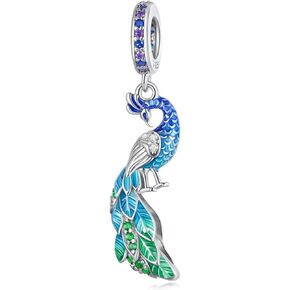 Qings Lucky Peacock Charm Bead 925 Sterling Silver Sparkling Cute Animal Element Dangle Pendant for Bracelet Necklace Making