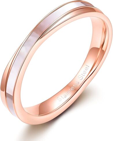 Women Rose Gold Stainless Steel Wedding Bands with White Shell Inlay Engagement Promise Ring 3.5mm/5.5mm/ 2.5-4mm Cross in Saudi Arabia