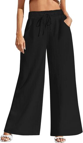 Women Wide Leg Linen Pants, High Waisted Summer Casual Cotton Linen Palazzo Pants with Pockets(RV-B-L) B-Black in Saudi Arabia