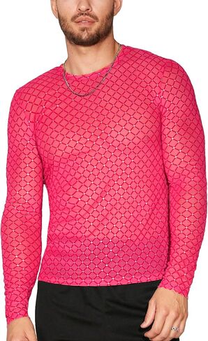 WDIRARA Men's Rhinestone Trim Mesh Sheer Long Sleeve Round Neck Party Blouse Shirts in Saudi Arabia