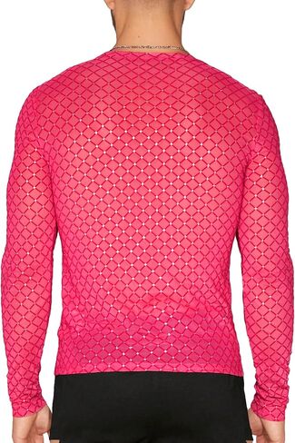 WDIRARA Men's Rhinestone Trim Mesh Sheer Long Sleeve Round Neck Party Blouse Shirts in Saudi Arabia
