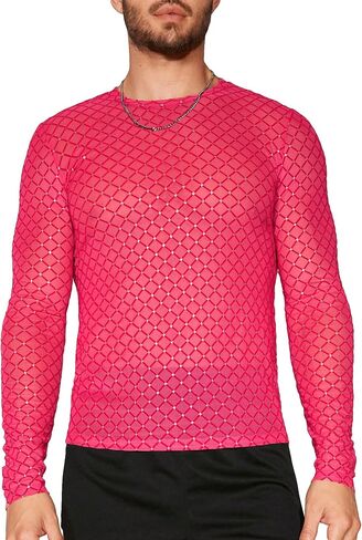 WDIRARA Men's Rhinestone Trim Mesh Sheer Long Sleeve Round Neck Party Blouse Shirts in Saudi Arabia
