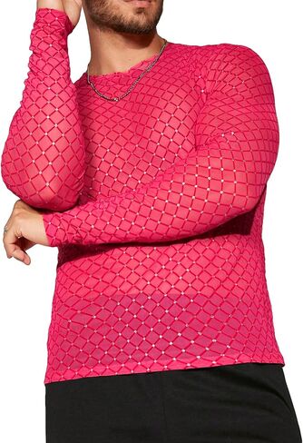 WDIRARA Men's Rhinestone Trim Mesh Sheer Long Sleeve Round Neck Party Blouse Shirts in Saudi Arabia