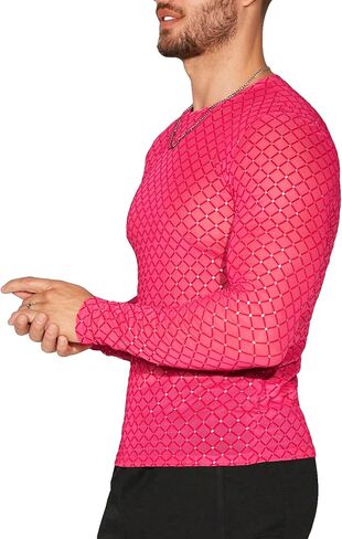 WDIRARA Men's Rhinestone Trim Mesh Sheer Long Sleeve Round Neck Party Blouse Shirts in Saudi Arabia