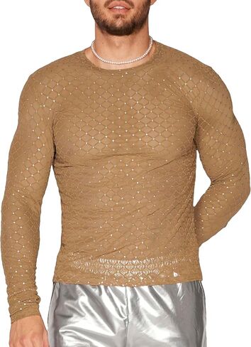 WDIRARA Men's Rhinestone Trim Mesh Sheer Long Sleeve Round Neck Party Blouse Shirts in Saudi Arabia