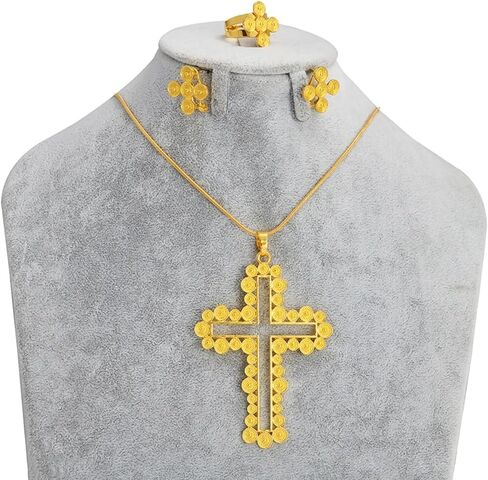 N-Made Beautifull Ethiopian Jewelry - Ethiopian Cross - Ethiopian Jewelry for Women Set - African Cross Necklace Earrings Ring Jewelry Sets Gold Color Ethiopian Eritrean Holiday Party Ornaments in Saudi Arabia