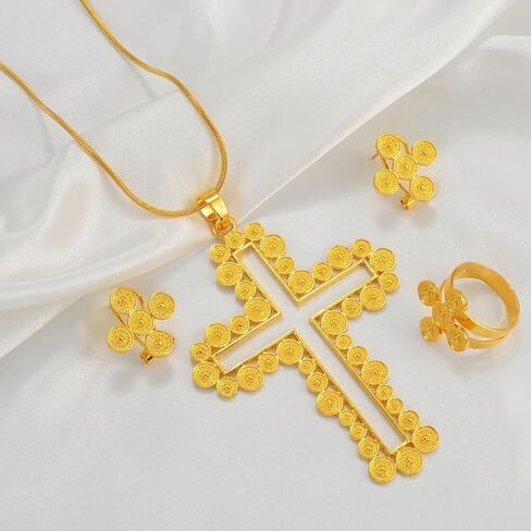 N-Made Beautifull Ethiopian Jewelry - Ethiopian Cross - Ethiopian Jewelry for Women Set - African Cross Necklace Earrings Ring Jewelry Sets Gold Color Ethiopian Eritrean Holiday Party Ornaments in Saudi Arabia