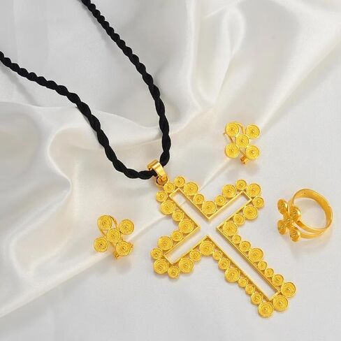 N-Made Beautifull Ethiopian Jewelry - Ethiopian Cross - Ethiopian Jewelry for Women Set - African Cross Necklace Earrings Ring Jewelry Sets Gold Color Ethiopian Eritrean Holiday Party Ornaments in Saudi Arabia