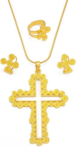 N-Made Beautifull Ethiopian Jewelry - Ethiopian Cross - Ethiopian Jewelry for Women Set - African Cross Necklace Earrings Ring Jewelry Sets Gold Color Ethiopian Eritrean Holiday Party Ornaments in Saudi Arabia