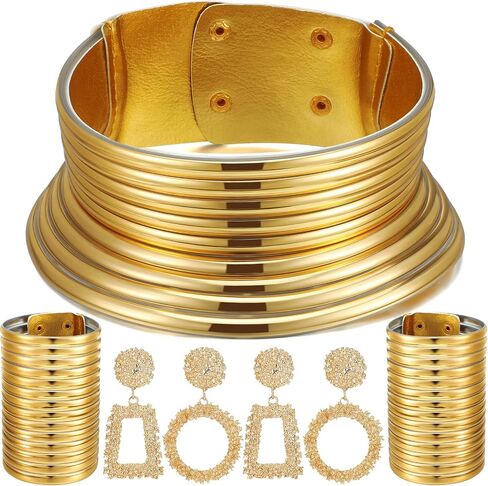 Junkin 5 Pieces African Vintage Jewelry Set Includes Statement Choker Egypt Gold Tone Long Neck Collar Leather Bracelet Stud Earring for Women in Saudi Arabia