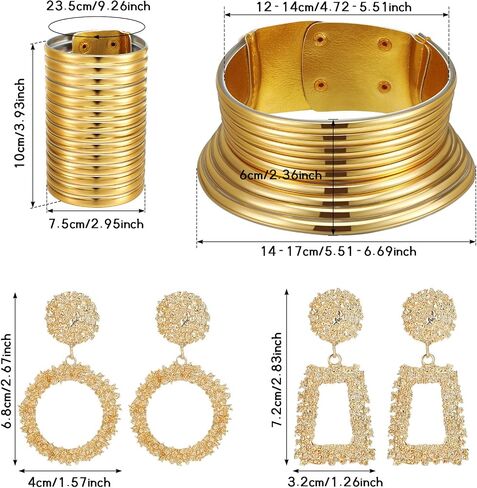 Junkin 5 Pieces African Vintage Jewelry Set Includes Statement Choker Egypt Gold Tone Long Neck Collar Leather Bracelet Stud Earring for Women in Saudi Arabia