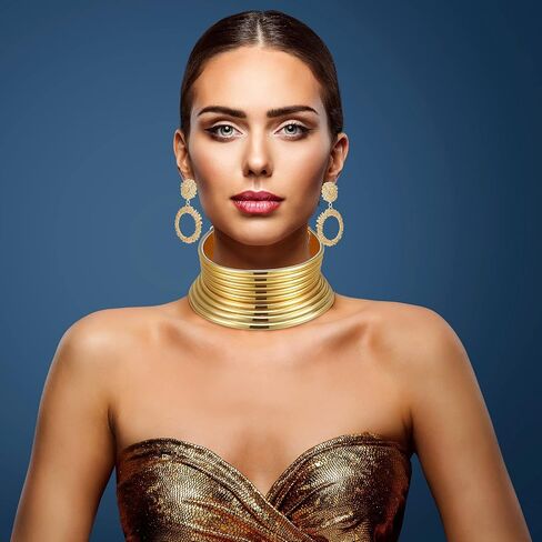 Junkin 5 Pieces African Vintage Jewelry Set Includes Statement Choker Egypt Gold Tone Long Neck Collar Leather Bracelet Stud Earring for Women in Saudi Arabia