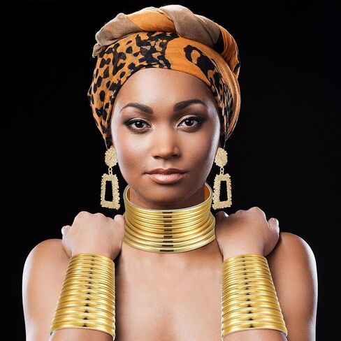 Junkin 5 Pieces African Vintage Jewelry Set Includes Statement Choker Egypt Gold Tone Long Neck Collar Leather Bracelet Stud Earring for Women in Saudi Arabia