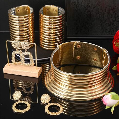 Junkin 5 Pieces African Vintage Jewelry Set Includes Statement Choker Egypt Gold Tone Long Neck Collar Leather Bracelet Stud Earring for Women in Saudi Arabia