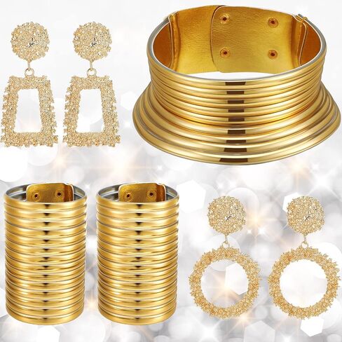 Junkin 5 Pieces African Vintage Jewelry Set Includes Statement Choker Egypt Gold Tone Long Neck Collar Leather Bracelet Stud Earring for Women in Saudi Arabia