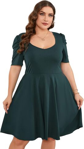Women Plus Size V Neck Midi Dress Puff Short Sleeve High Waisted Flowy Cocktail Party Dress with Pockets in Saudi Arabia