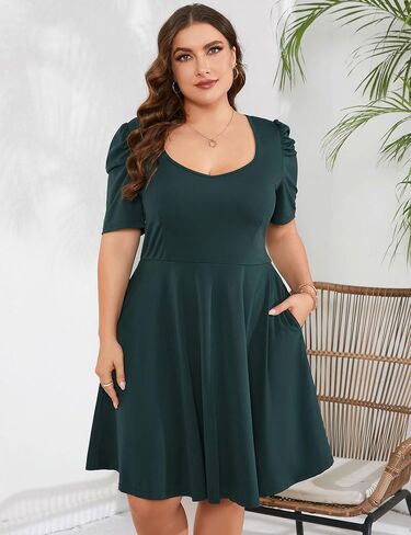 Women Plus Size V Neck Midi Dress Puff Short Sleeve High Waisted Flowy Cocktail Party Dress with Pockets in Saudi Arabia