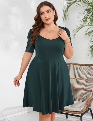 Women Plus Size V Neck Midi Dress Puff Short Sleeve High Waisted Flowy Cocktail Party Dress with Pockets in Saudi Arabia