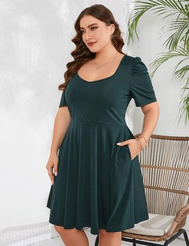 Women Plus Size V Neck Midi Dress Puff Short Sleeve High Waisted Flowy Cocktail Party Dress with Pockets in Saudi Arabia