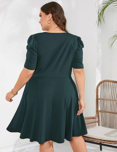 Women Plus Size V Neck Midi Dress Puff Short Sleeve High Waisted Flowy Cocktail Party Dress with Pockets in Saudi Arabia