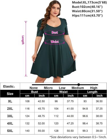 Women Plus Size V Neck Midi Dress Puff Short Sleeve High Waisted Flowy Cocktail Party Dress with Pockets in Saudi Arabia