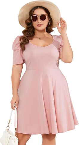 Women Plus Size V Neck Midi Dress Puff Short Sleeve High Waisted Flowy Cocktail Party Dress with Pockets in Saudi Arabia