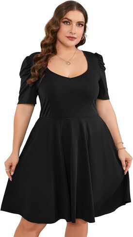 فستان نسائي متوسط ​​الطول برقبة على شكل V وأكمام قصيرة وخصر عالٍ لحفلات الكوكتيل مع جيوب in Kuwait